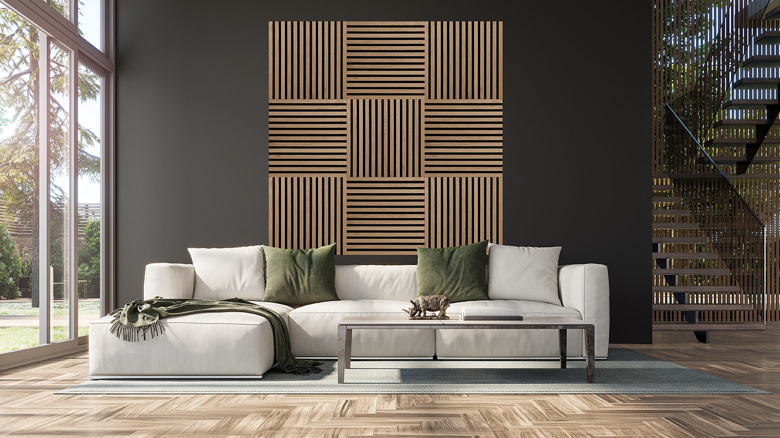 Modern,Interior,Design,With,Staircase,And,Empty,Black,Mock,Up PREMIUM Panneau acoustique